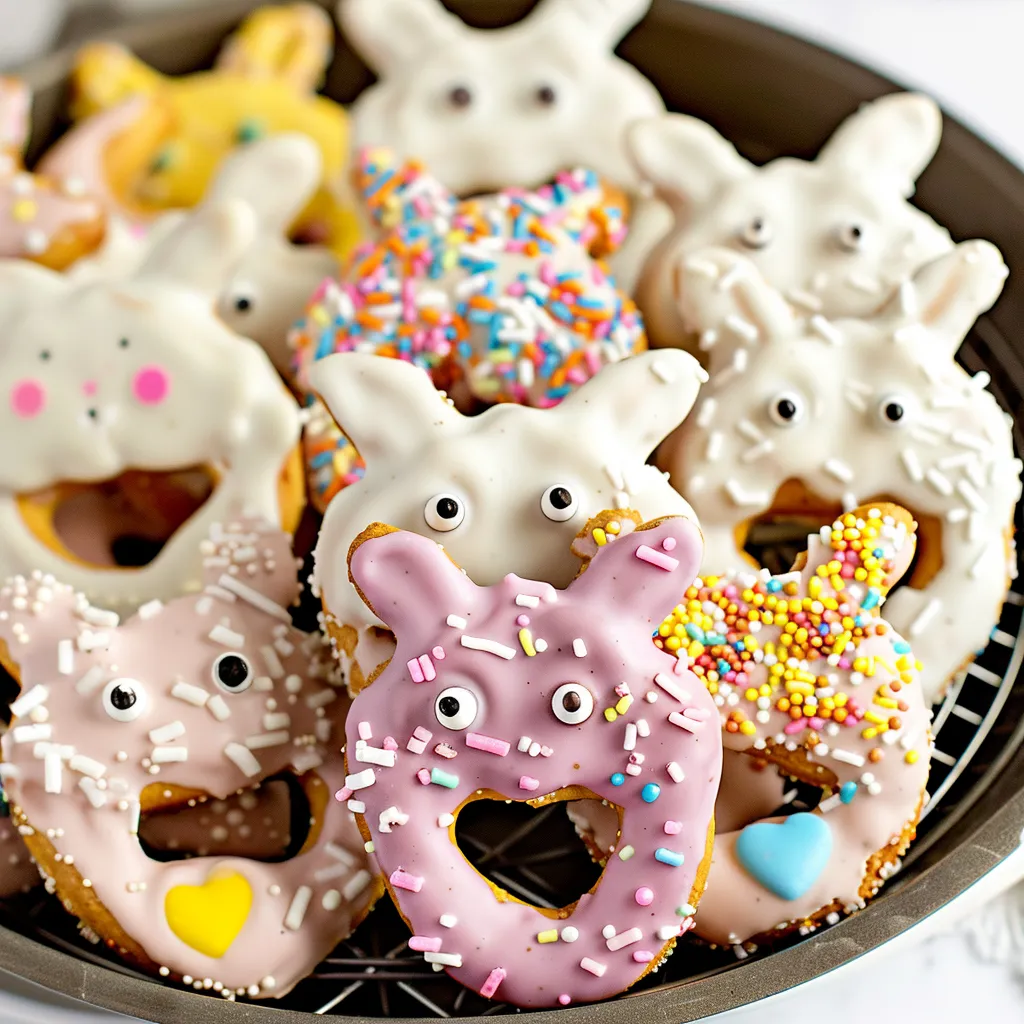 A plate full of donuts with eyes drawn on them.