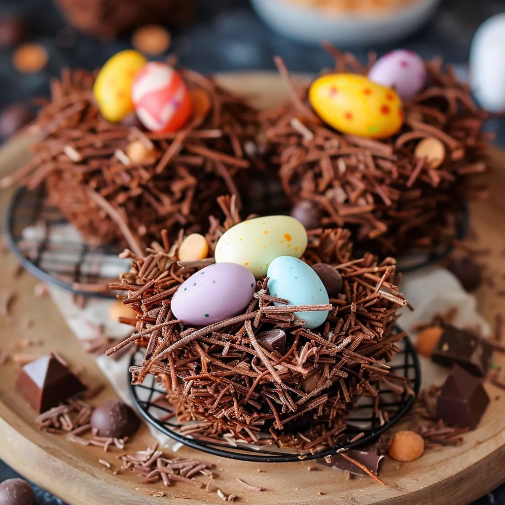 Chocolate cake with chocolate sprinkles and eggs.