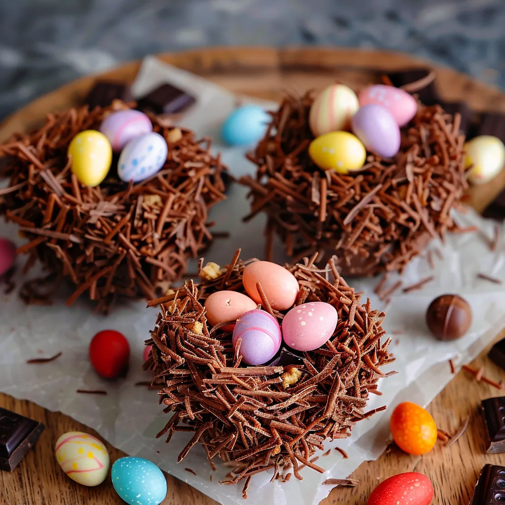 Chocolate cupcakes with chocolate sprinkles and colorful eggs on top.