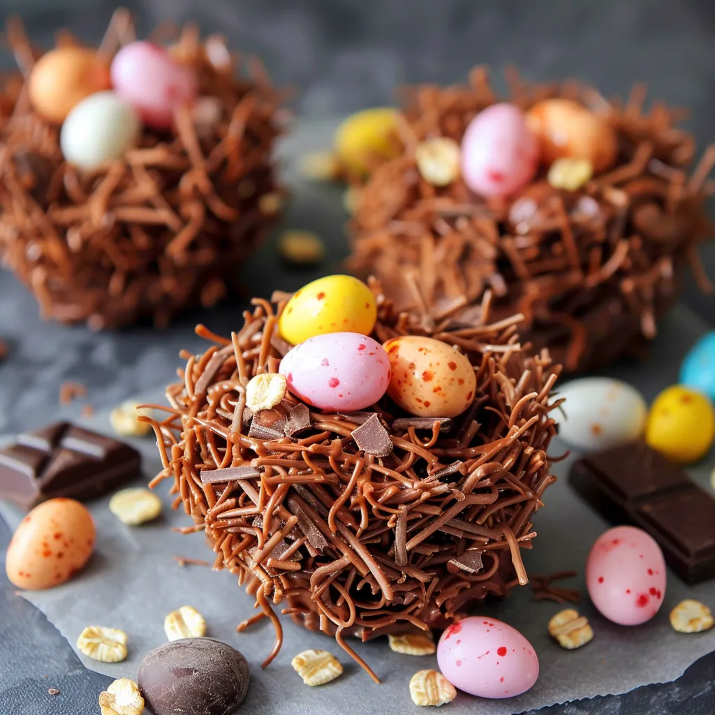 Chocolate and marshmallow treats with colorful eggs and candy.