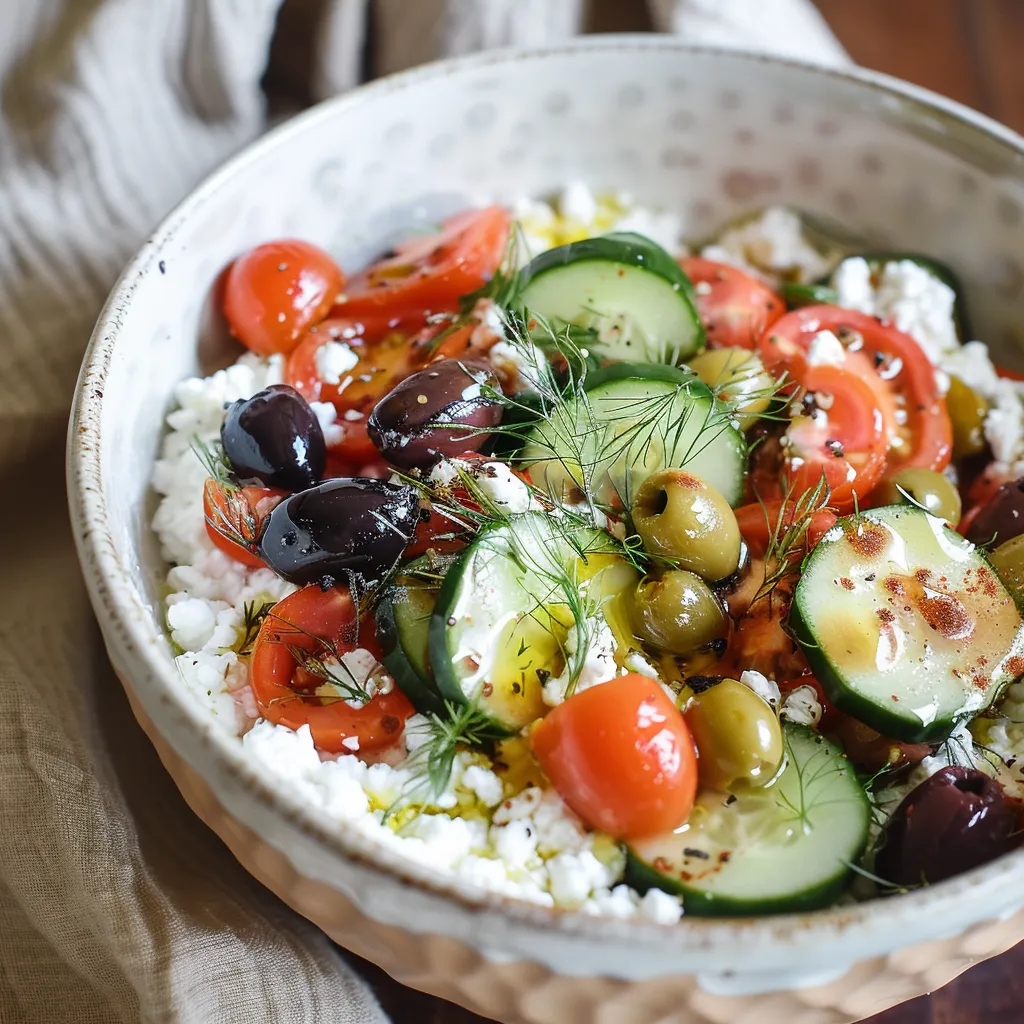 A bowl of vegetables, including tomatoes, cucumbers, olives, and cheese, is displayed on a table.