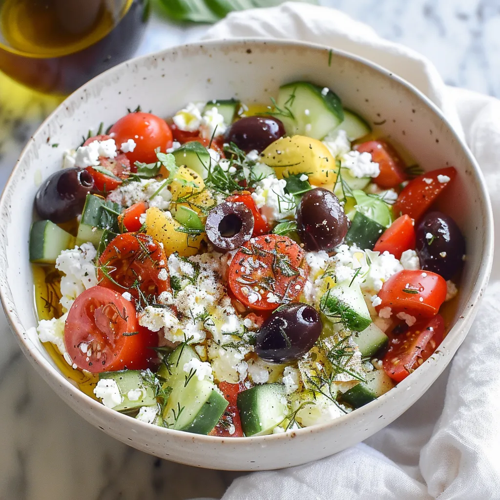 A bowl of vegetables with olives, tomatoes, cucumbers, and feta cheese.