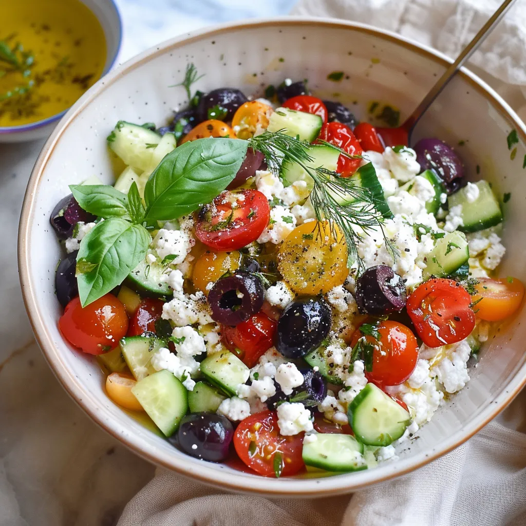 A bowl of vegetables, including tomatoes, cucumbers, and olives, is topped with feta cheese.