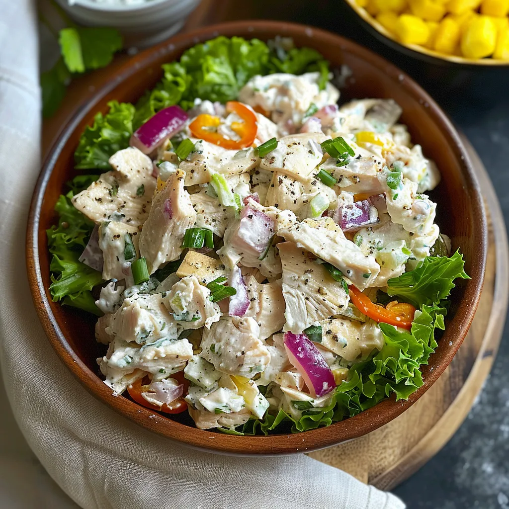 A bowl of salad with chicken, lettuce, tomatoes, and peppers.