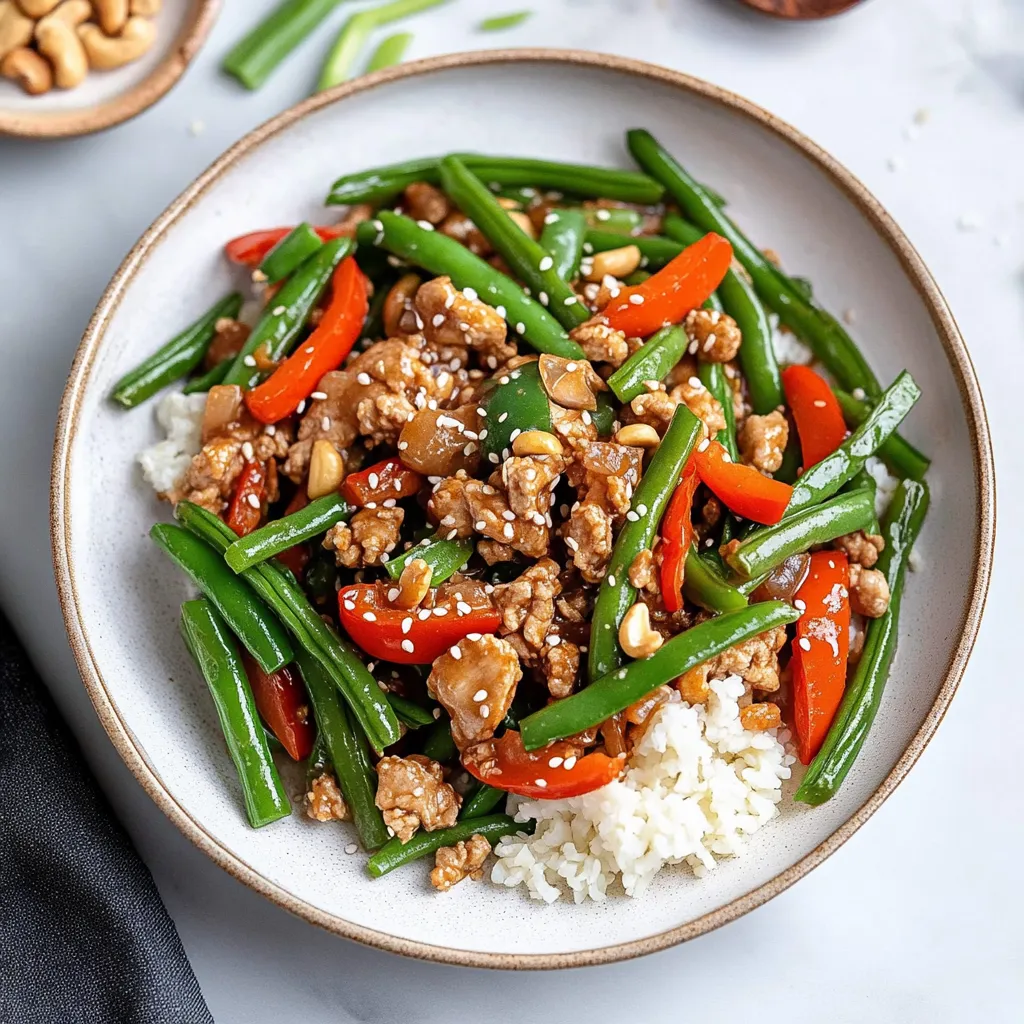 A plate of food with green beans, peppers, and meat.