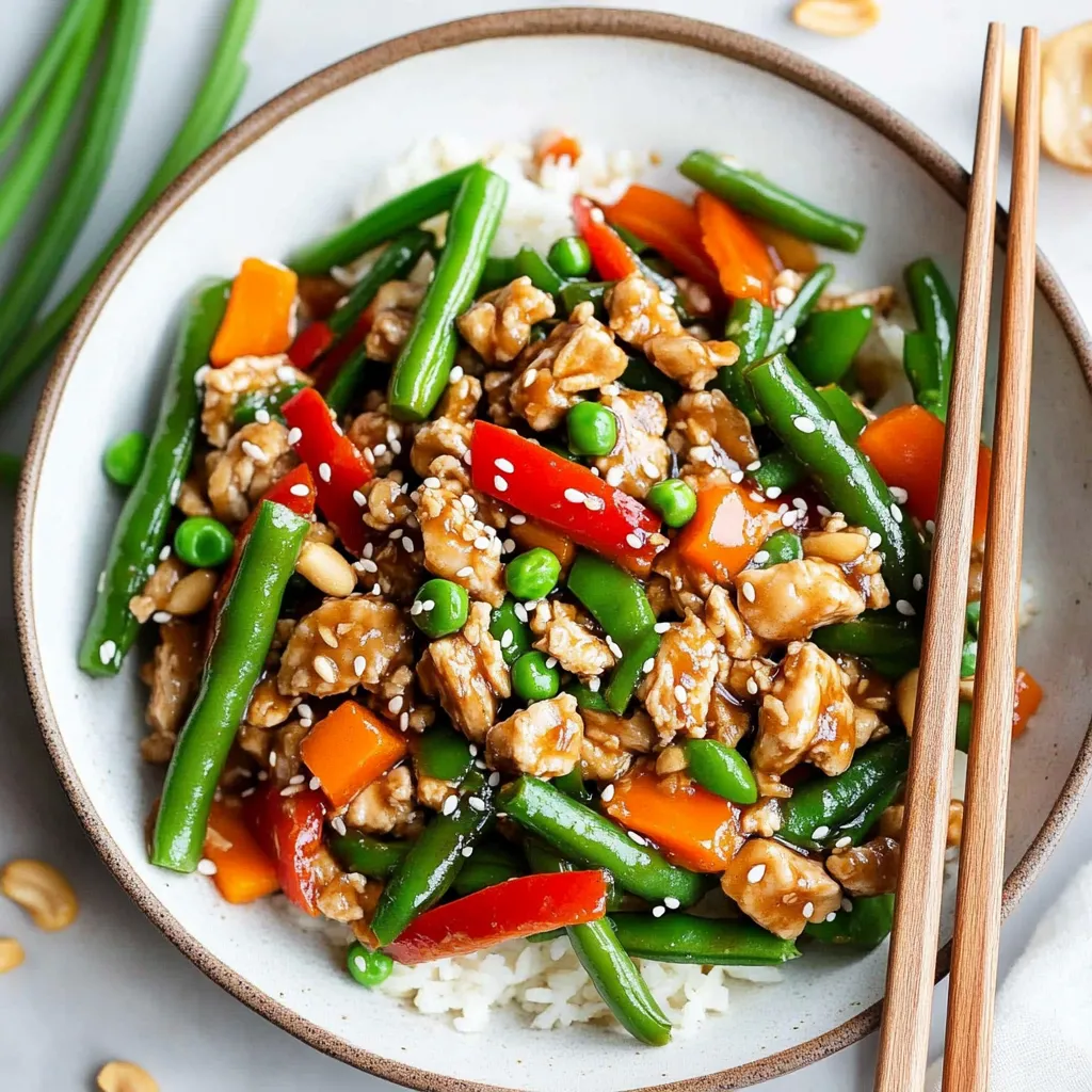 A bowl of Chinese food with chicken, peppers, and rice.