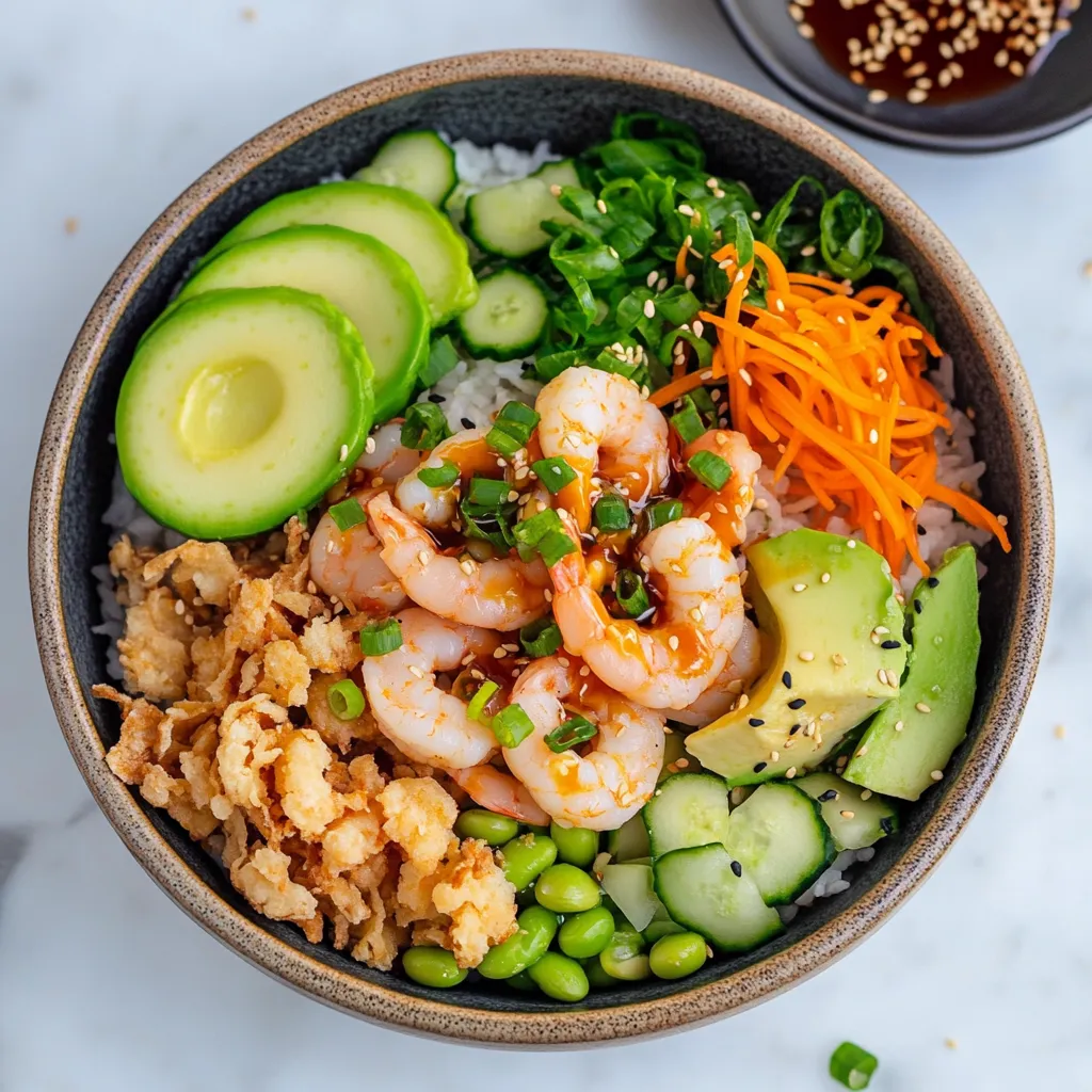 A bowl of shrimp and vegetables with a spoon in it.