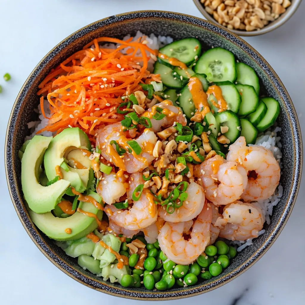 A bowl of shrimp and vegetables, including carrots and cucumbers, is served on a dining table.