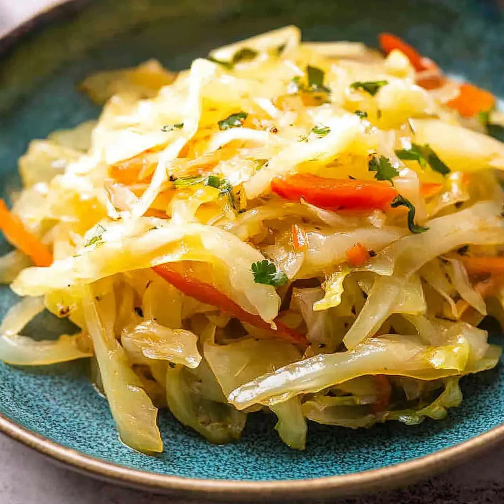 A plate of food with a variety of vegetables, including cabbage and carrots, is displayed on a table.