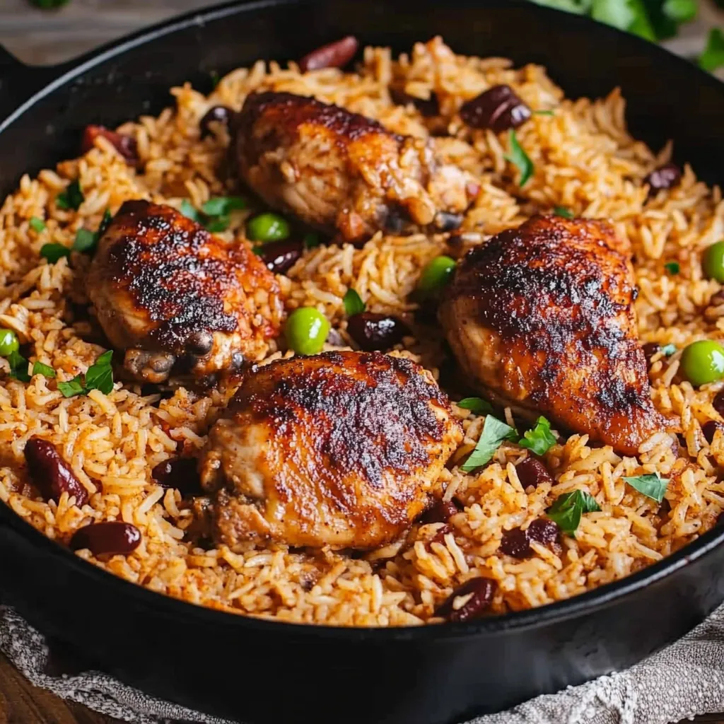 A delicious meal of rice and chicken with peas and beans.