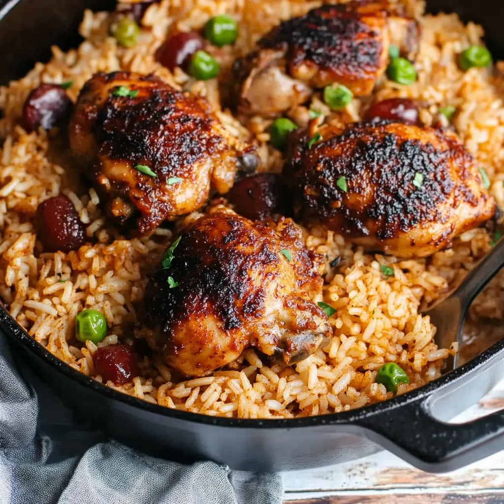 A delicious rice dish with chicken and peas, ready to be served.