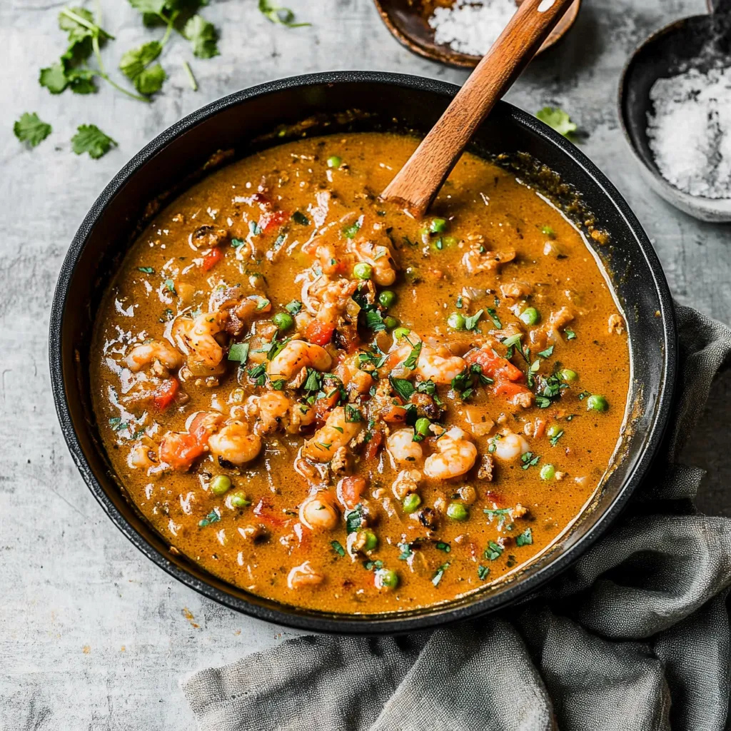 A bowl of soup with a wooden spoon in it.