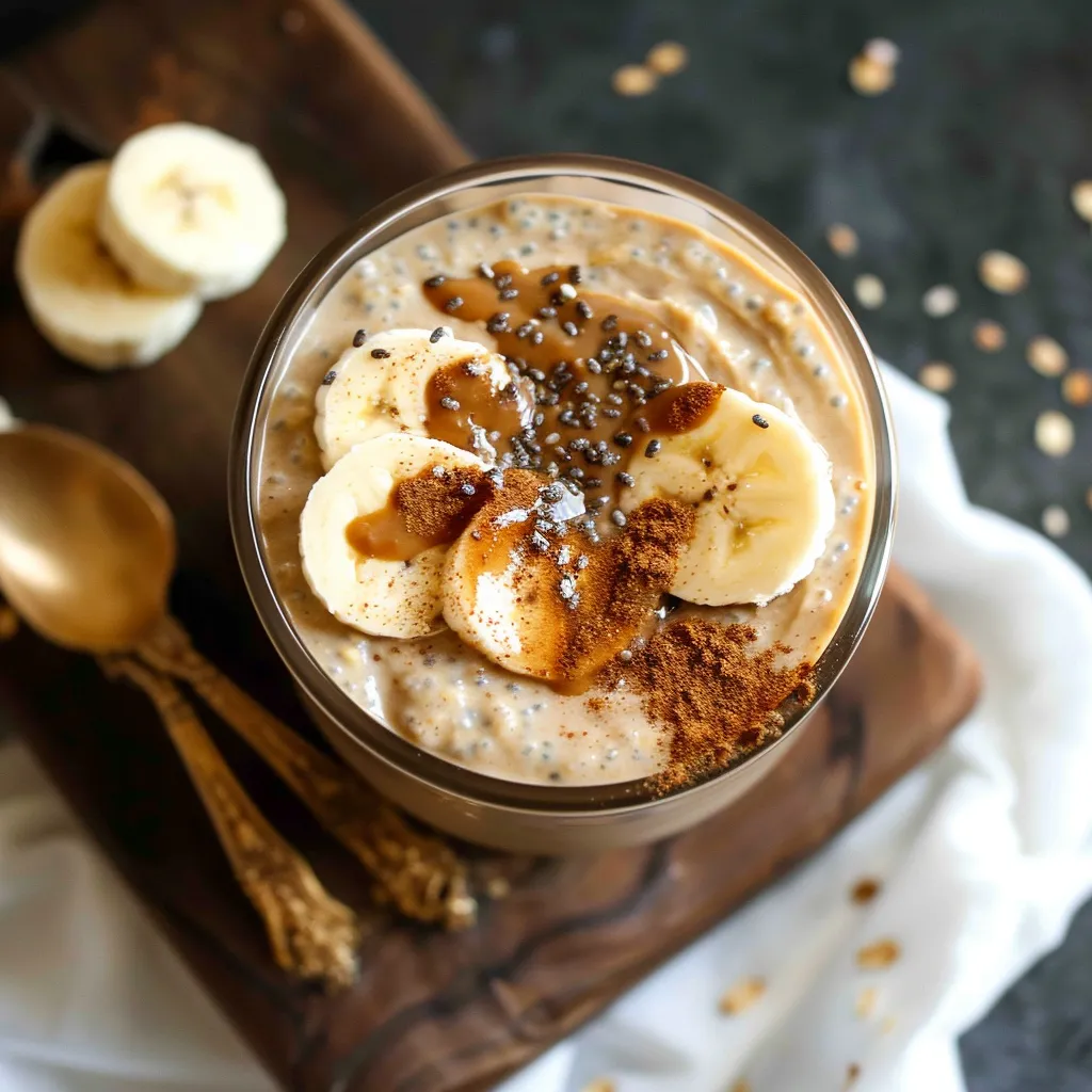 A glass of yogurt with bananas and nuts on a wooden table.