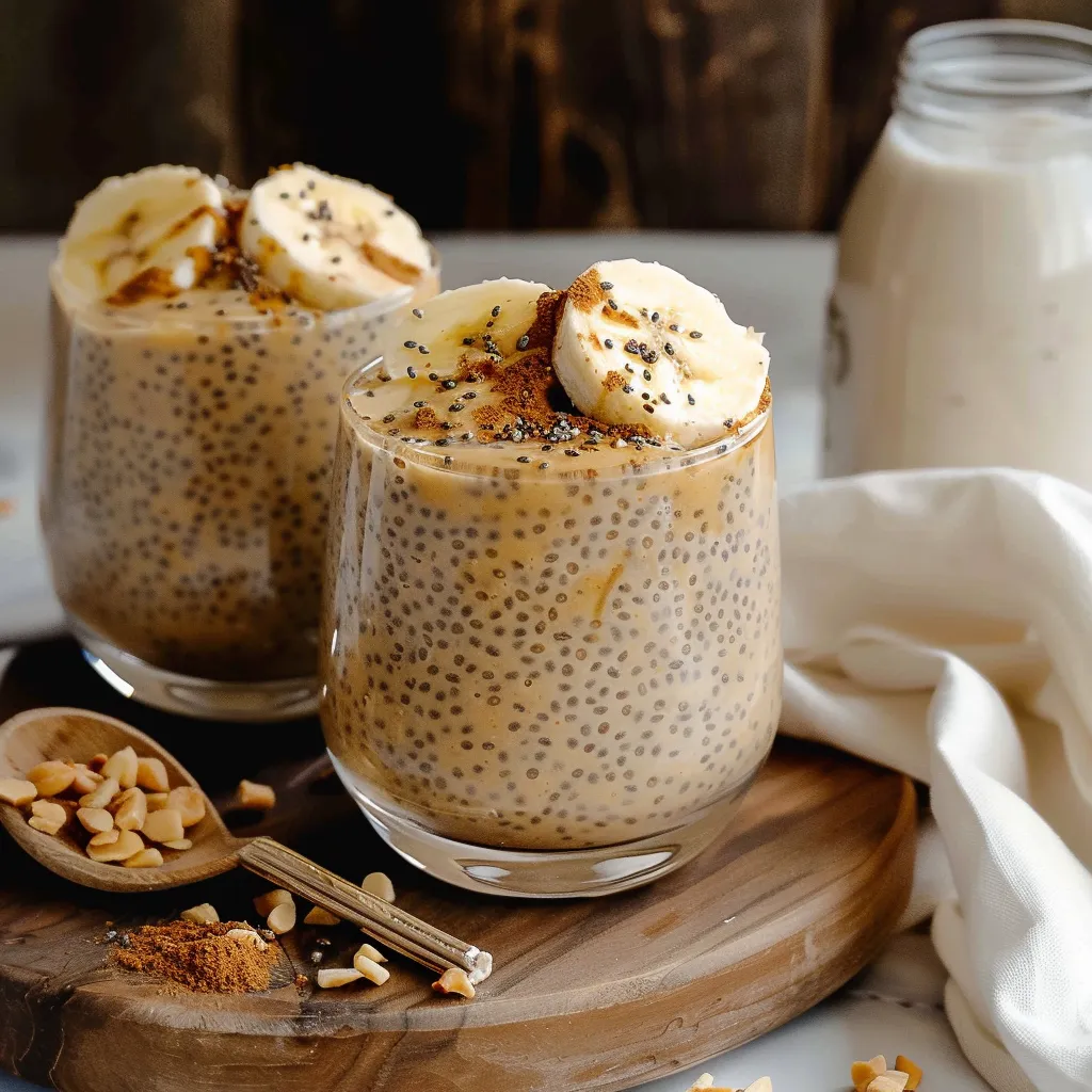 Two glasses of yogurt with bananas and nuts on a wooden table.