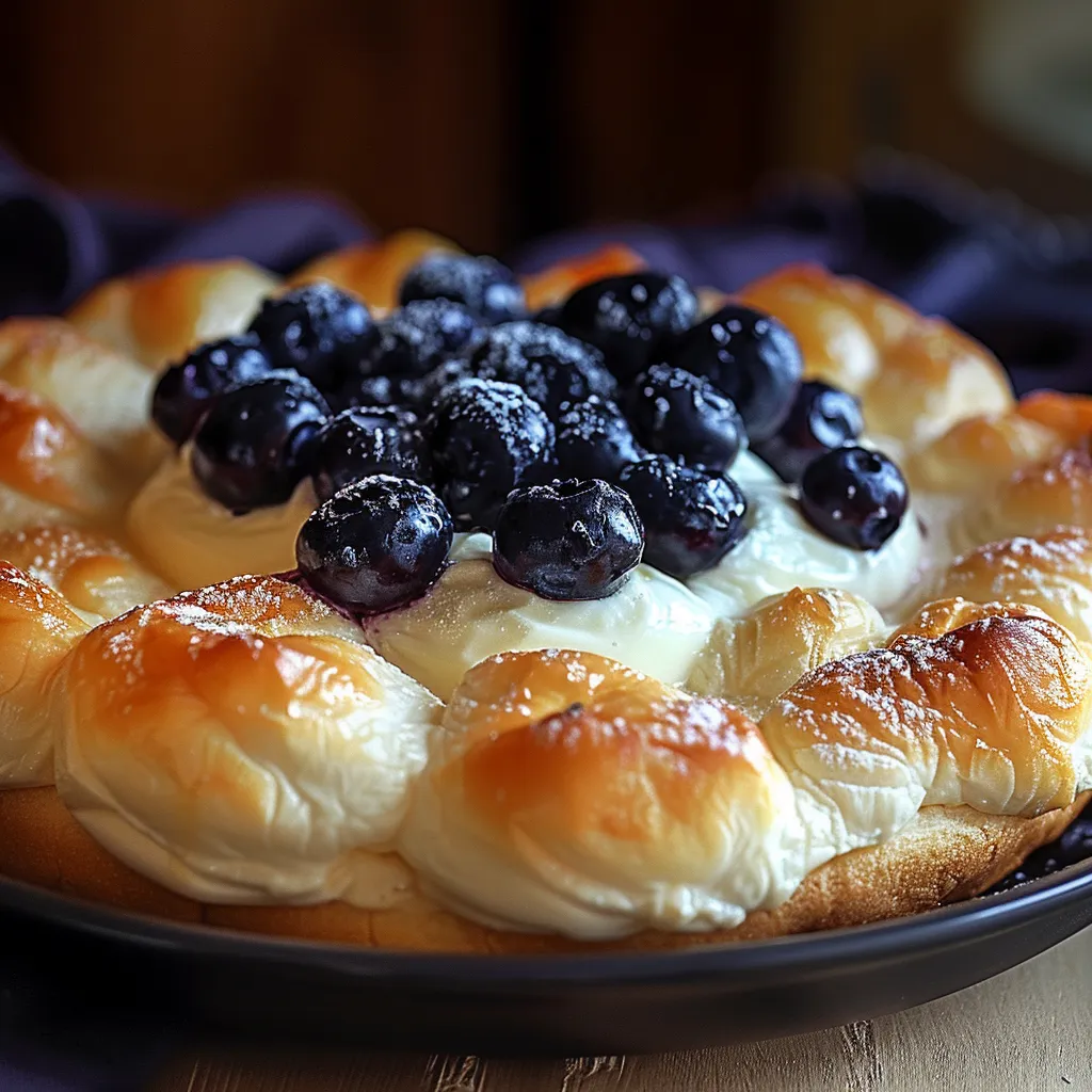 A delicious dessert with blueberries and cream on top.