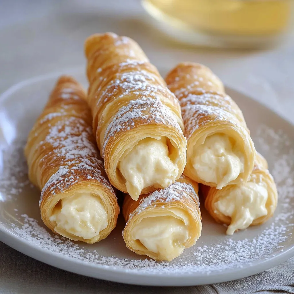 A plate of cream-filled pastries with powdered sugar on top.