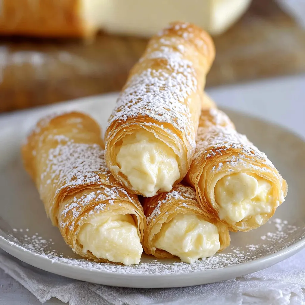 A plate of cream filled pastries with powdered sugar on top.