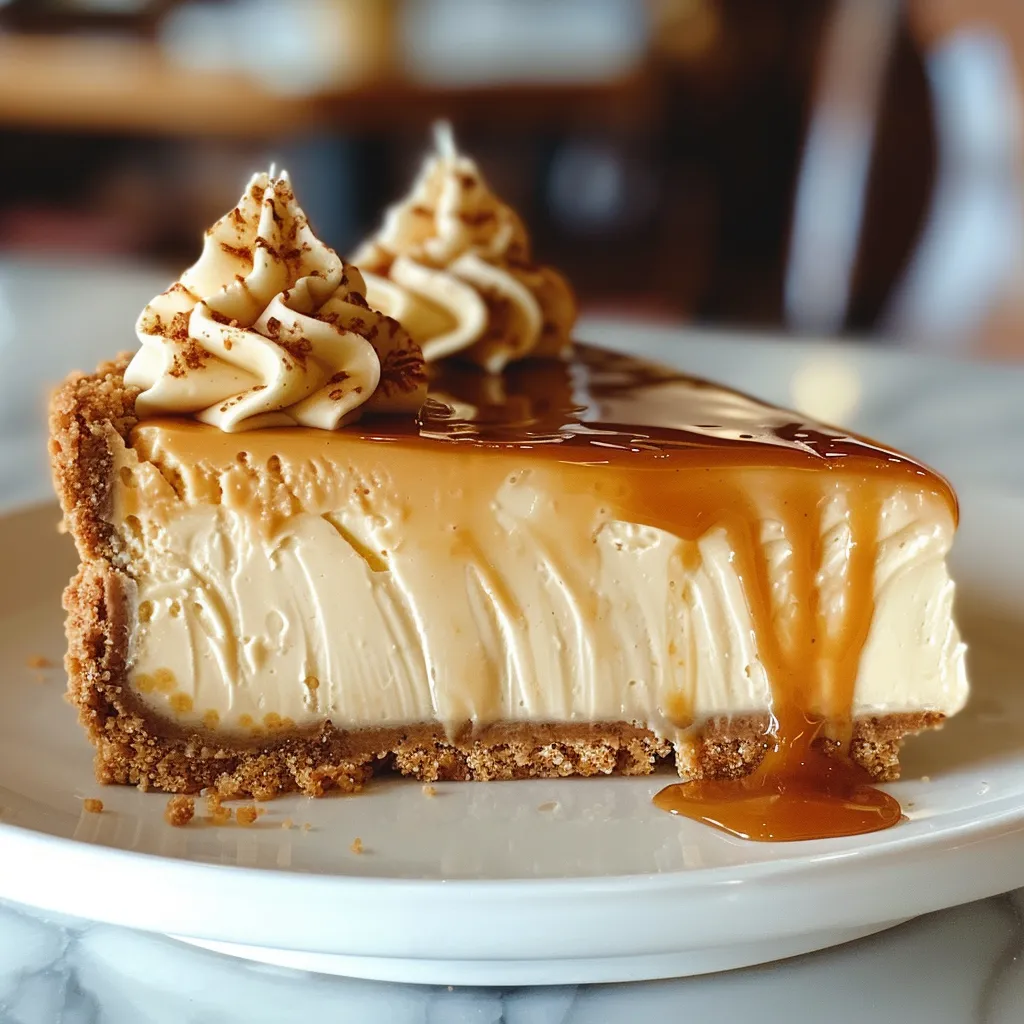 A slice of cheesecake with caramel drizzled on top.