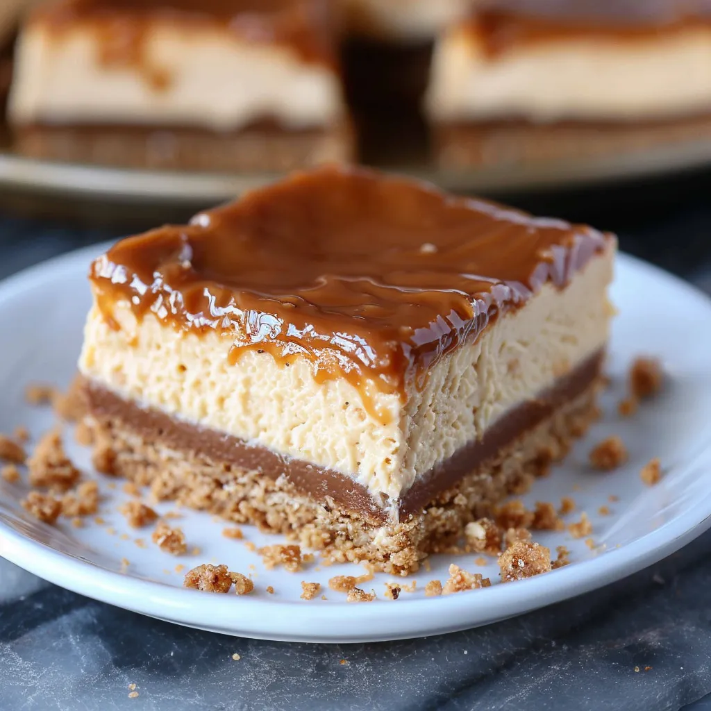 A slice of cheesecake with caramel sauce on a white plate.