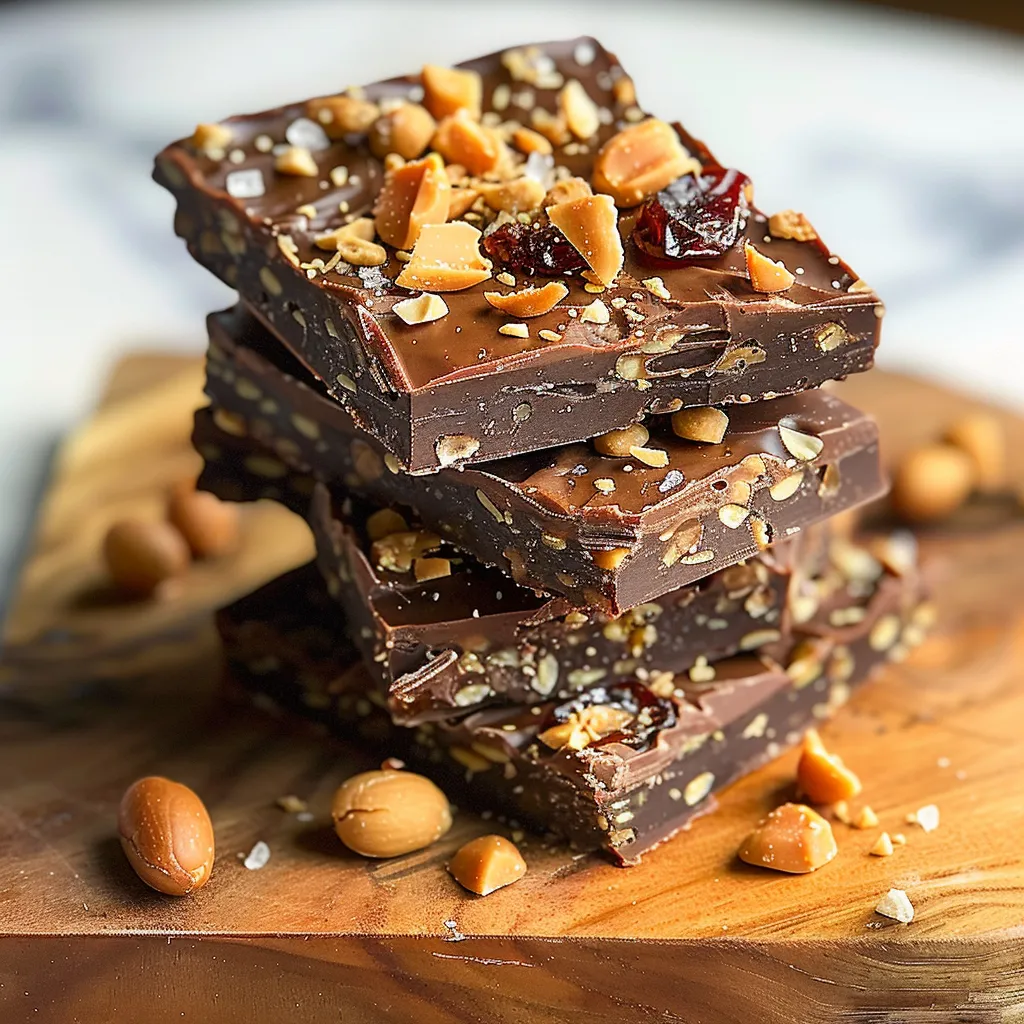 A stack of chocolate bars with nuts on top.