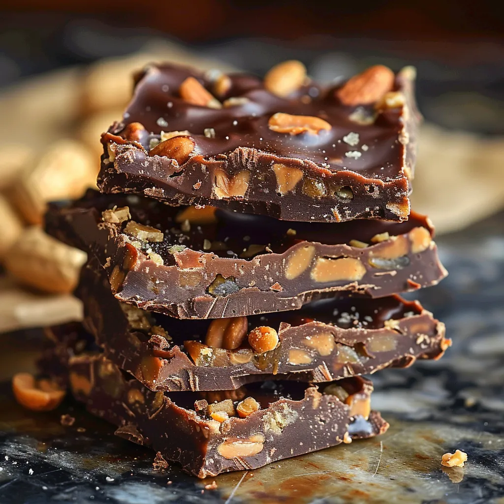 A stack of chocolate bars with nuts on top.