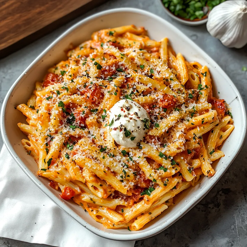 A bowl of pasta with a white sauce on top.