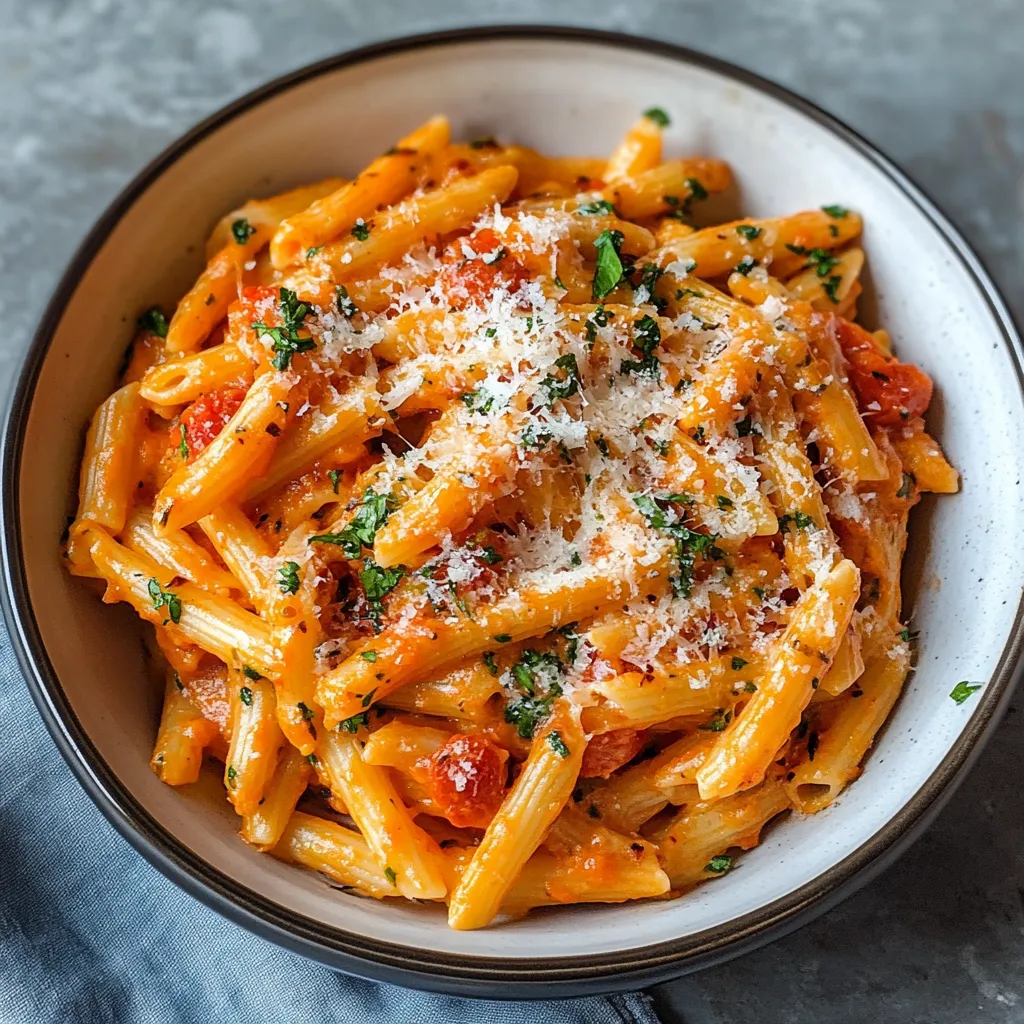 A bowl of pasta with tomatoes and cheese.