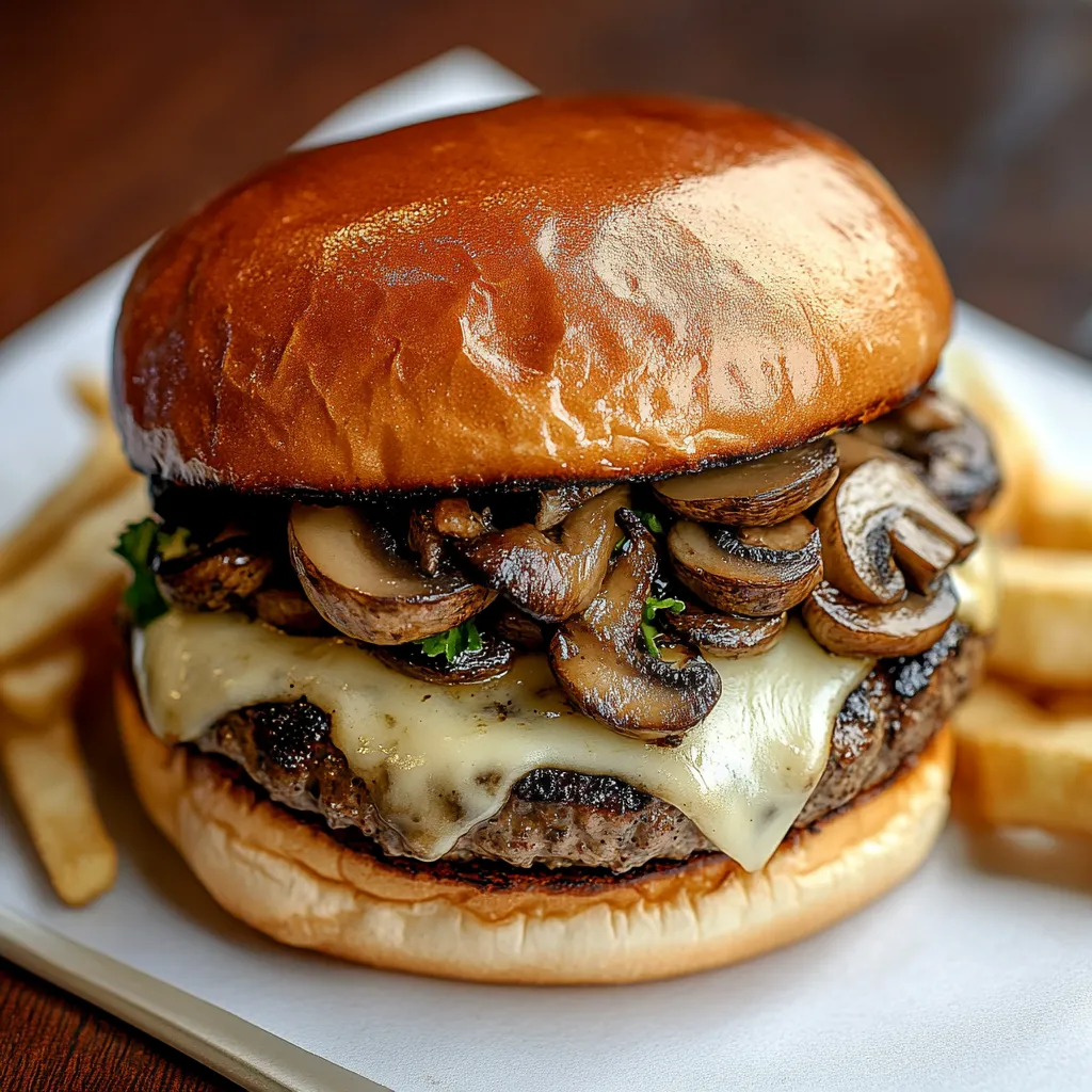 A burger with mushrooms and cheese.