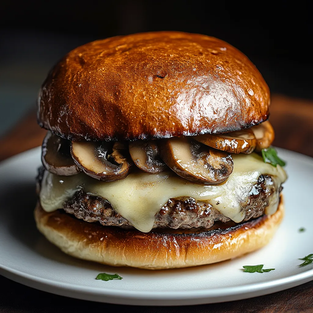 A close up of a mushroom burger.