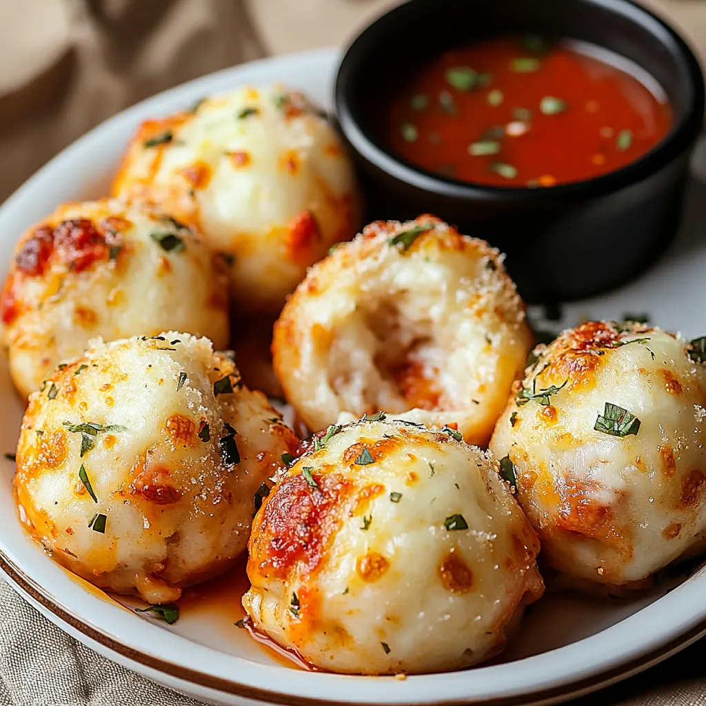 A plate of cheese balls with a dipping sauce.