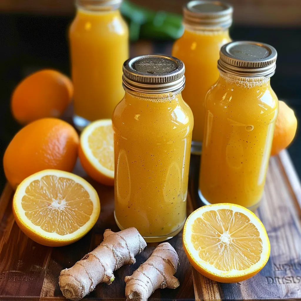 A wooden table with a jar of orange juice and a ginger root.