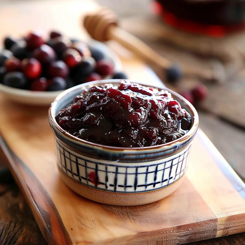 A bowl of jam with a spoon in it.