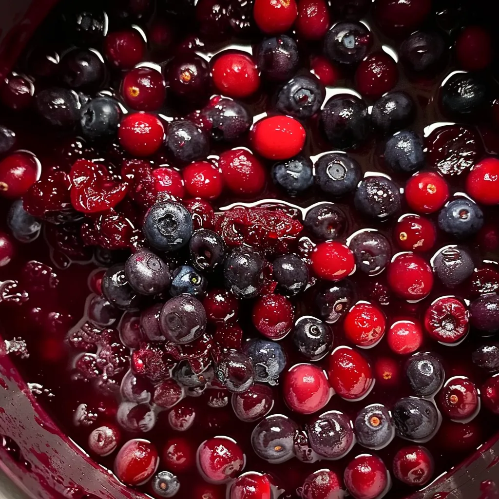 A bowl of berries with a red sauce.