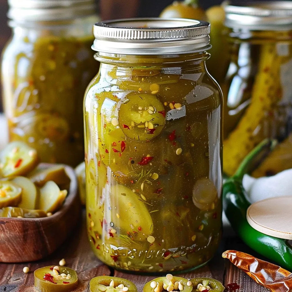 A jar of pickled green peppers.