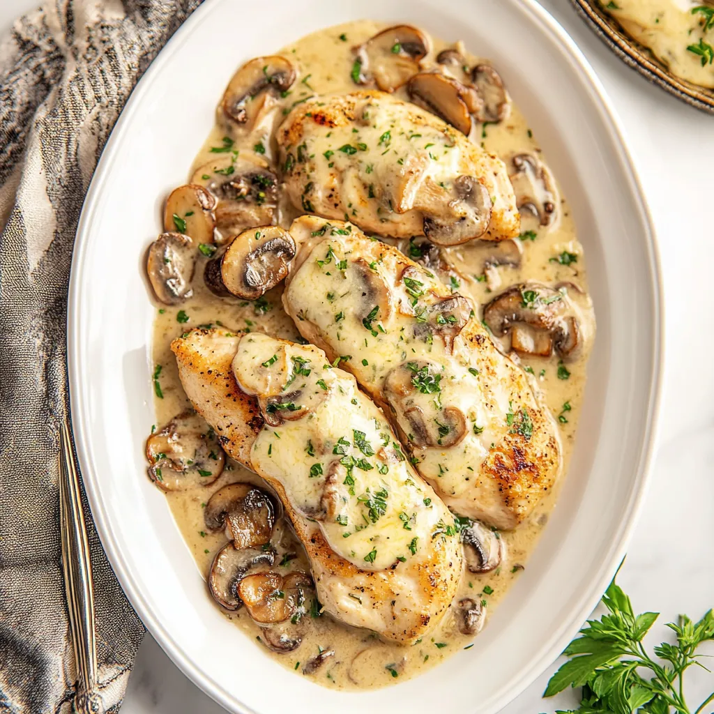 A plate of chicken covered in mushrooms and sauce.