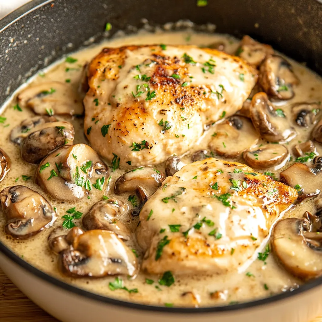 A bowl of chicken with mushrooms and herbs.