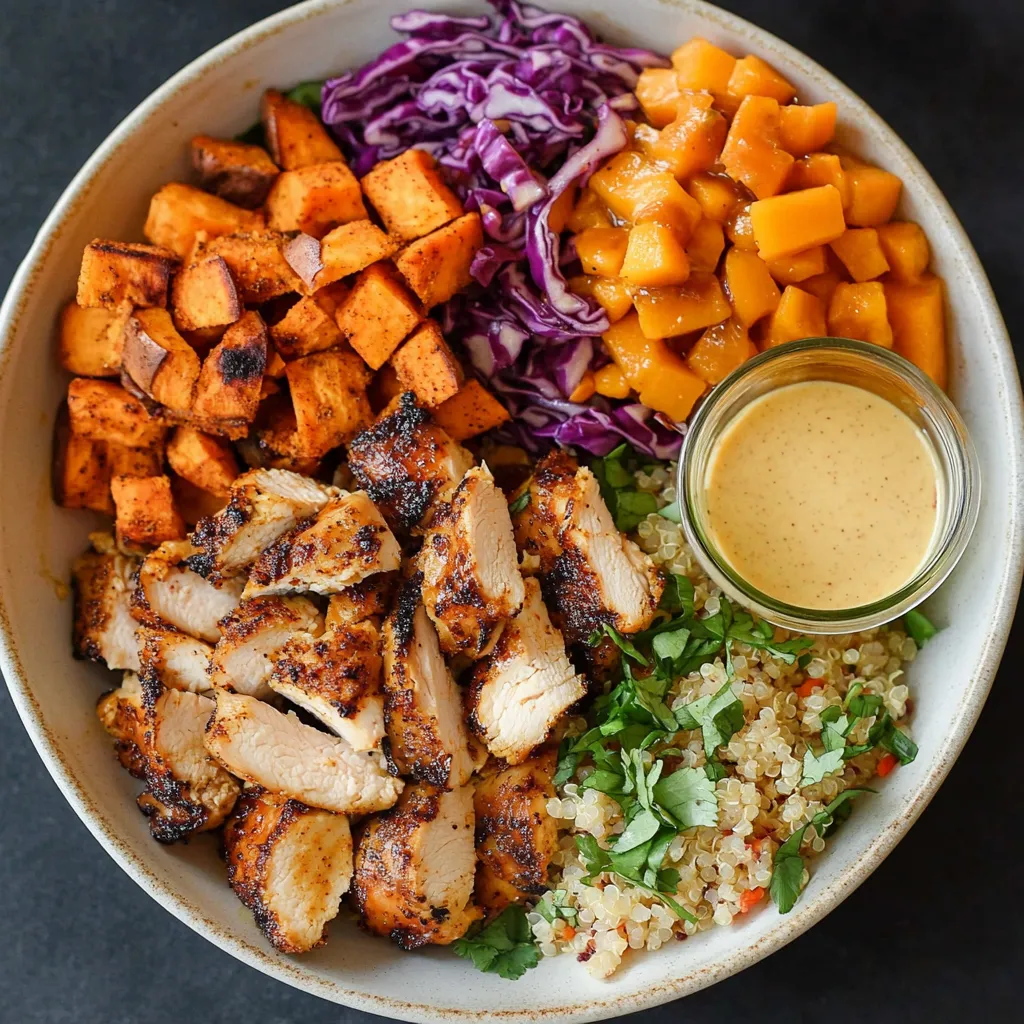 A bowl of food with chicken, vegetables, and sauce.