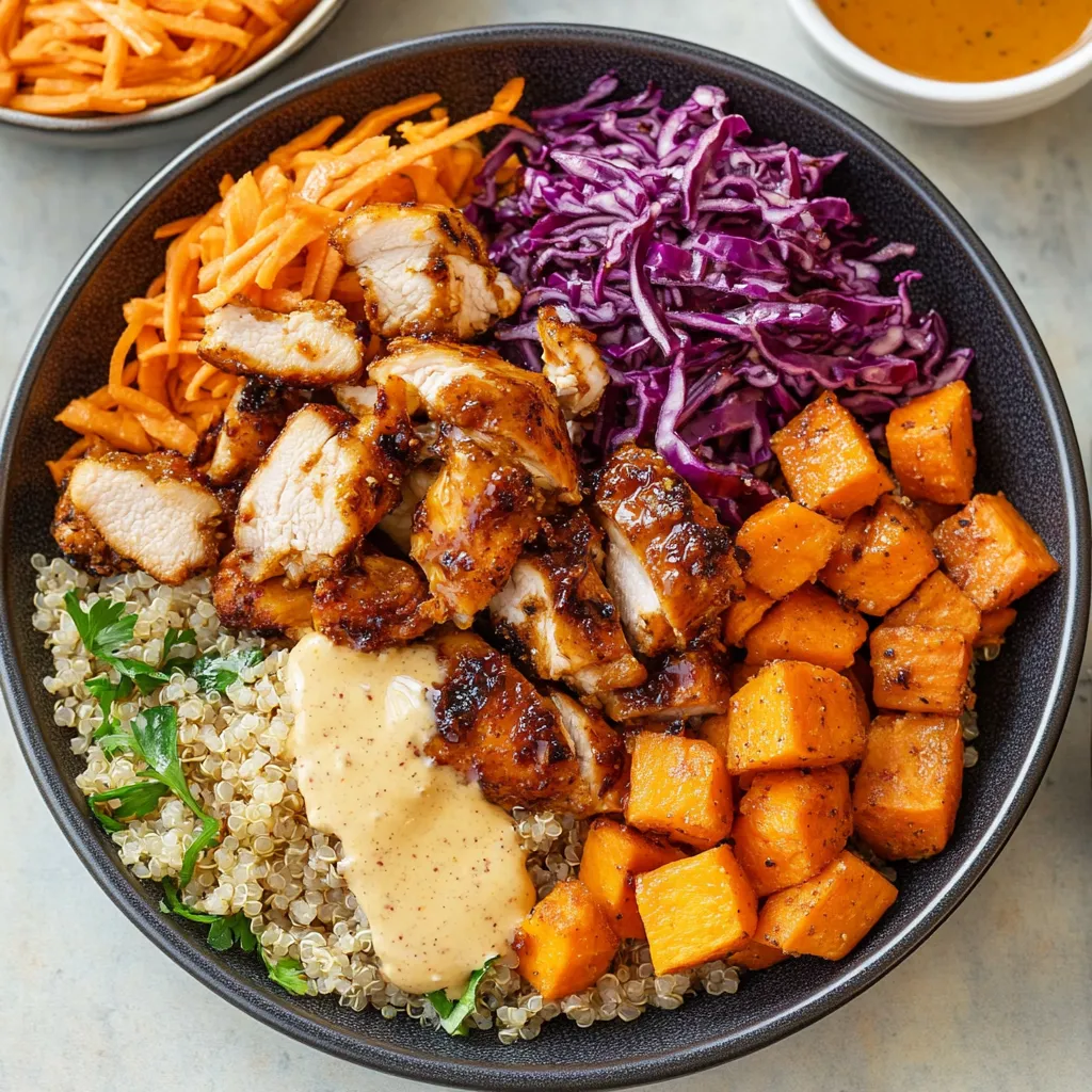 A bowl of food with chicken, vegetables and sauce.