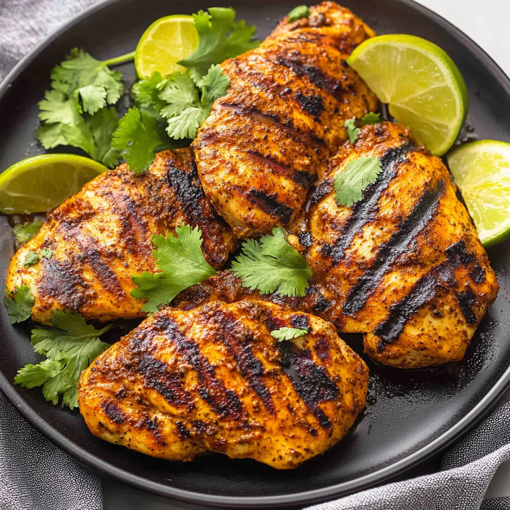 A plate of grilled chicken with limes and herbs.