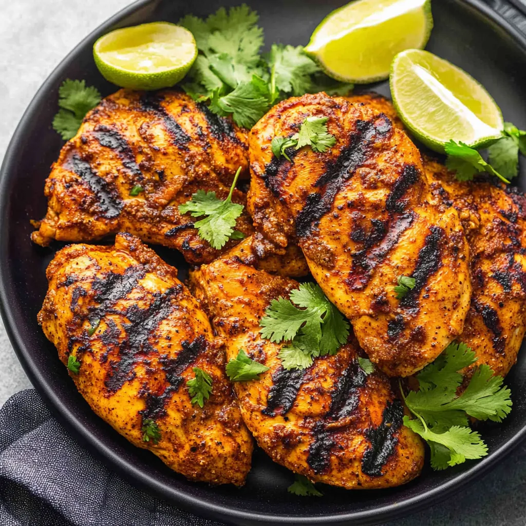 A bowl of chicken with lime wedges on top.