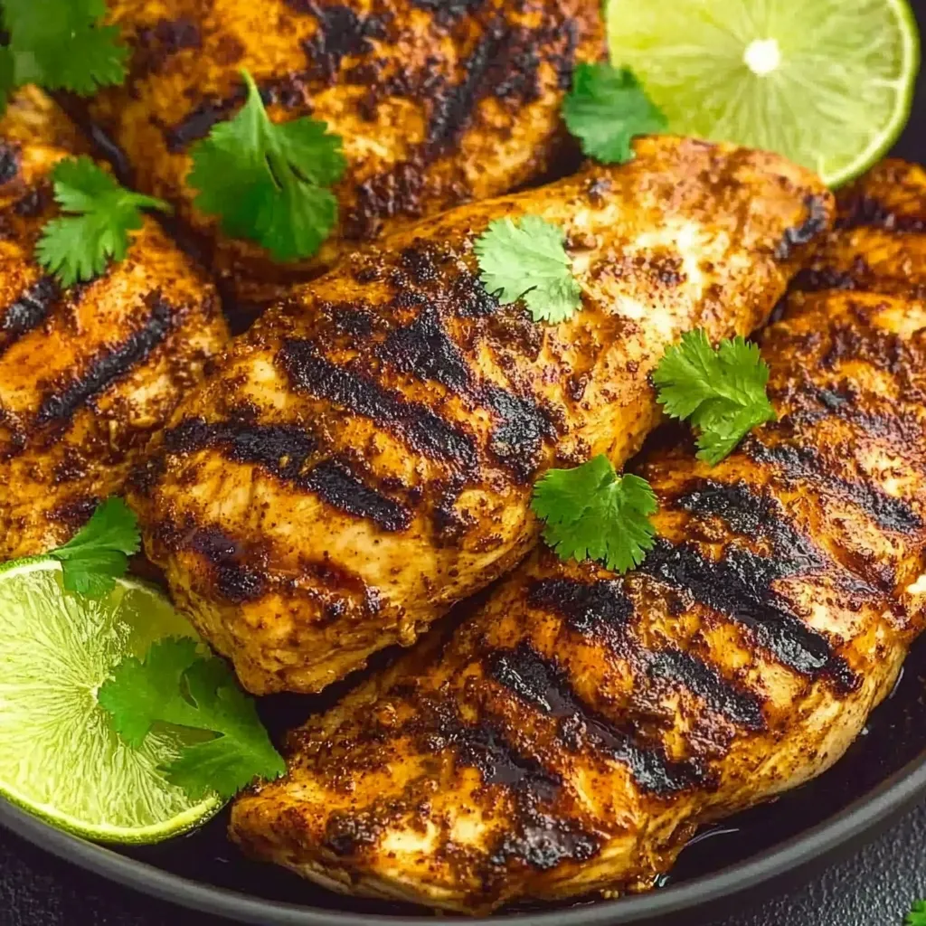 A plate of grilled chicken with limes on top.