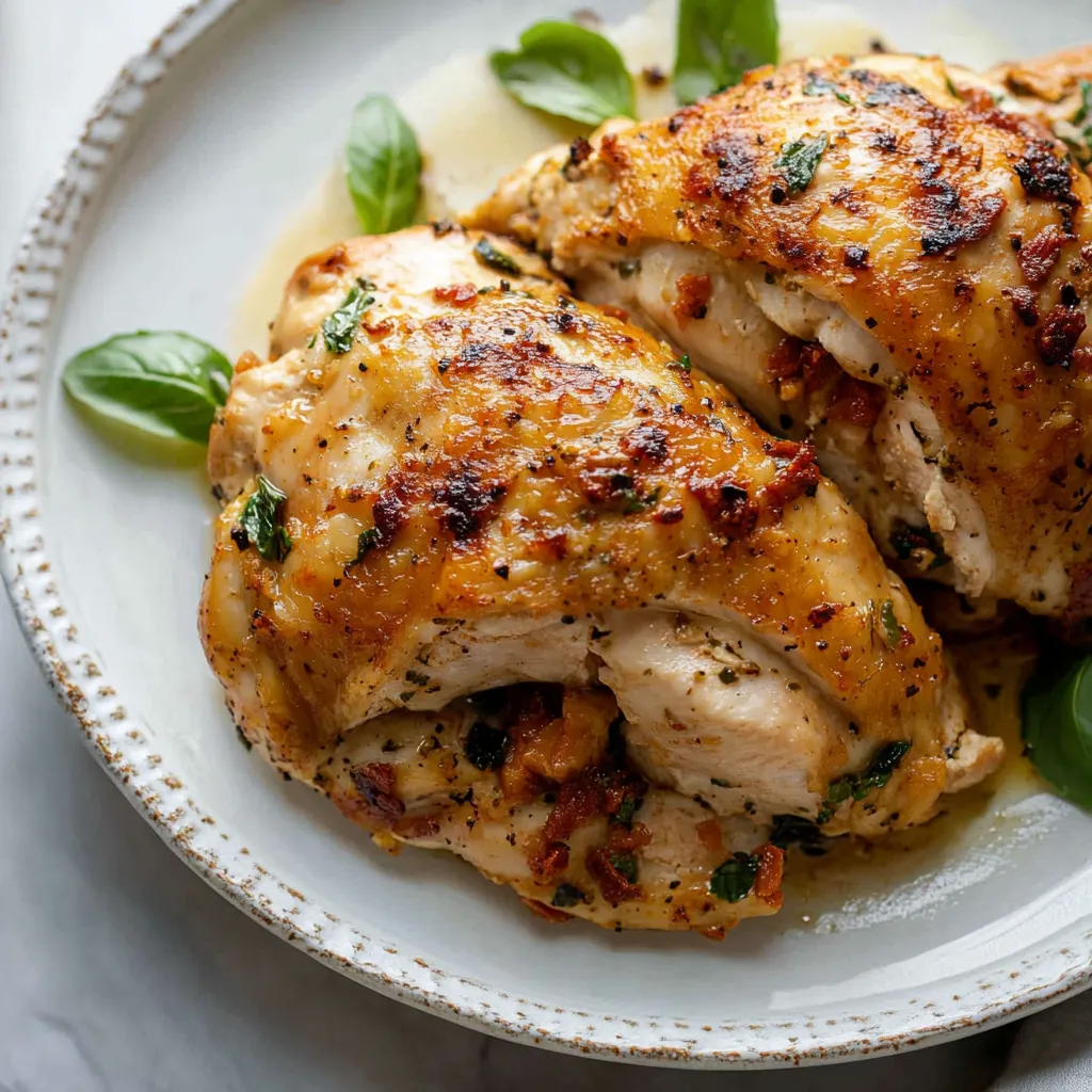 A plate of chicken with greens on top.