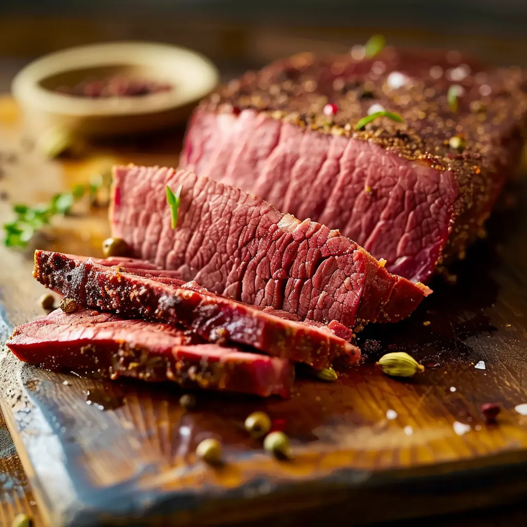 A piece of meat on a wooden table.