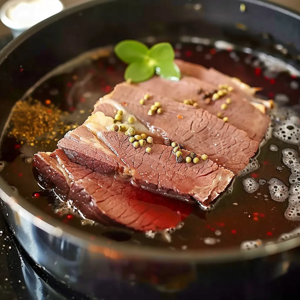 A piece of meat with a leaf on top.