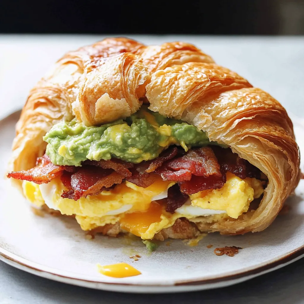 A croissant sandwich with eggs, bacon and avocado.