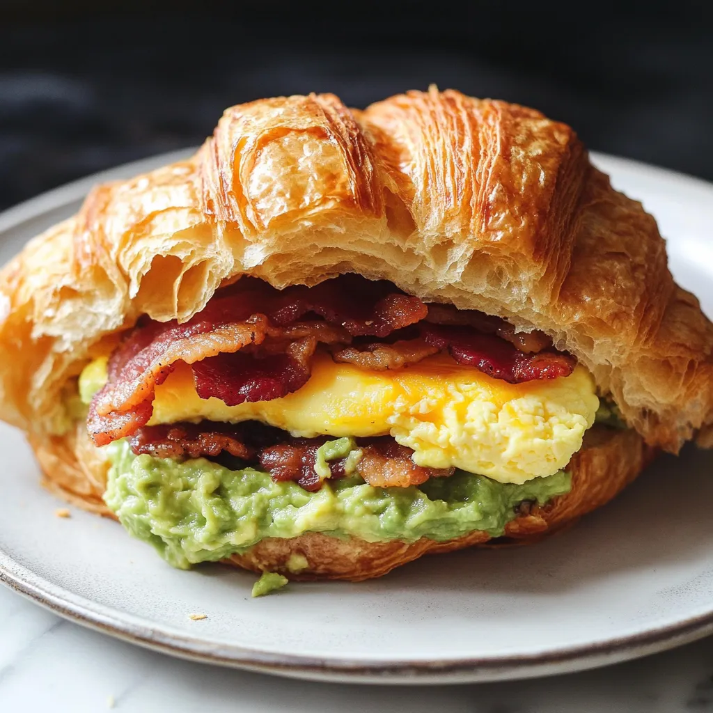 A croissant sandwich with bacon and egg.