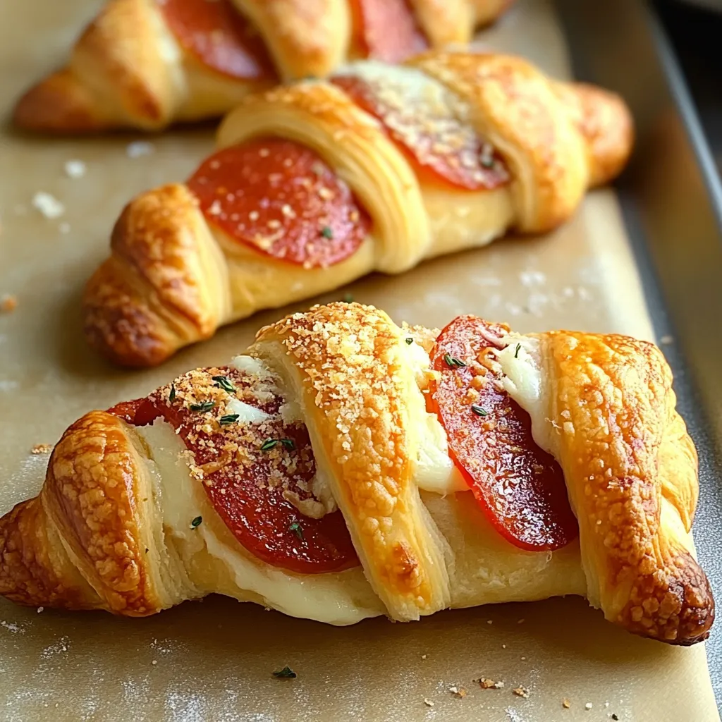 Two pepperoni and cheese croissants on a cutting board.