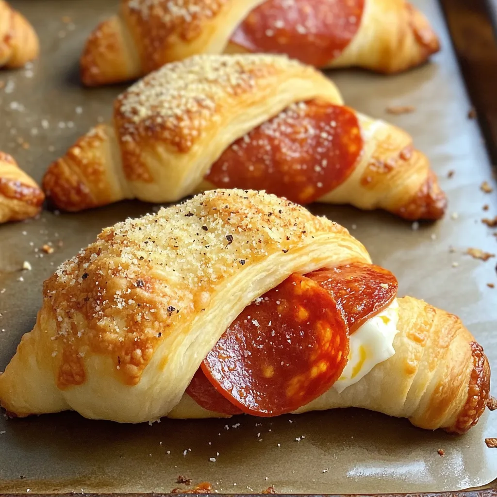 A tray of pepperoni and cheese filled croissants.