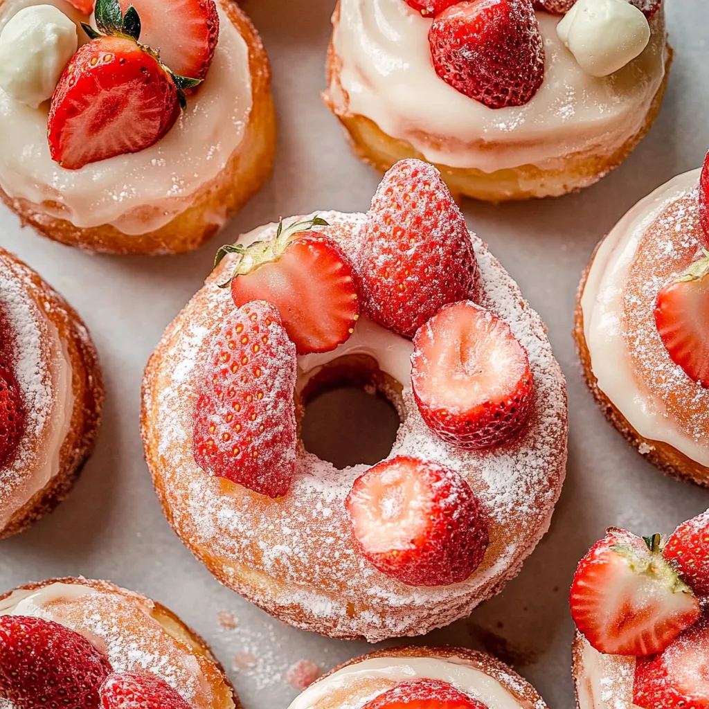 A plate of donuts with strawberries on top.