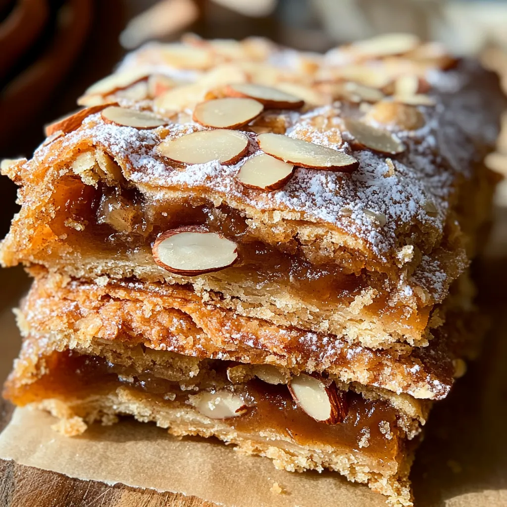 A stack of cake with almonds on top.